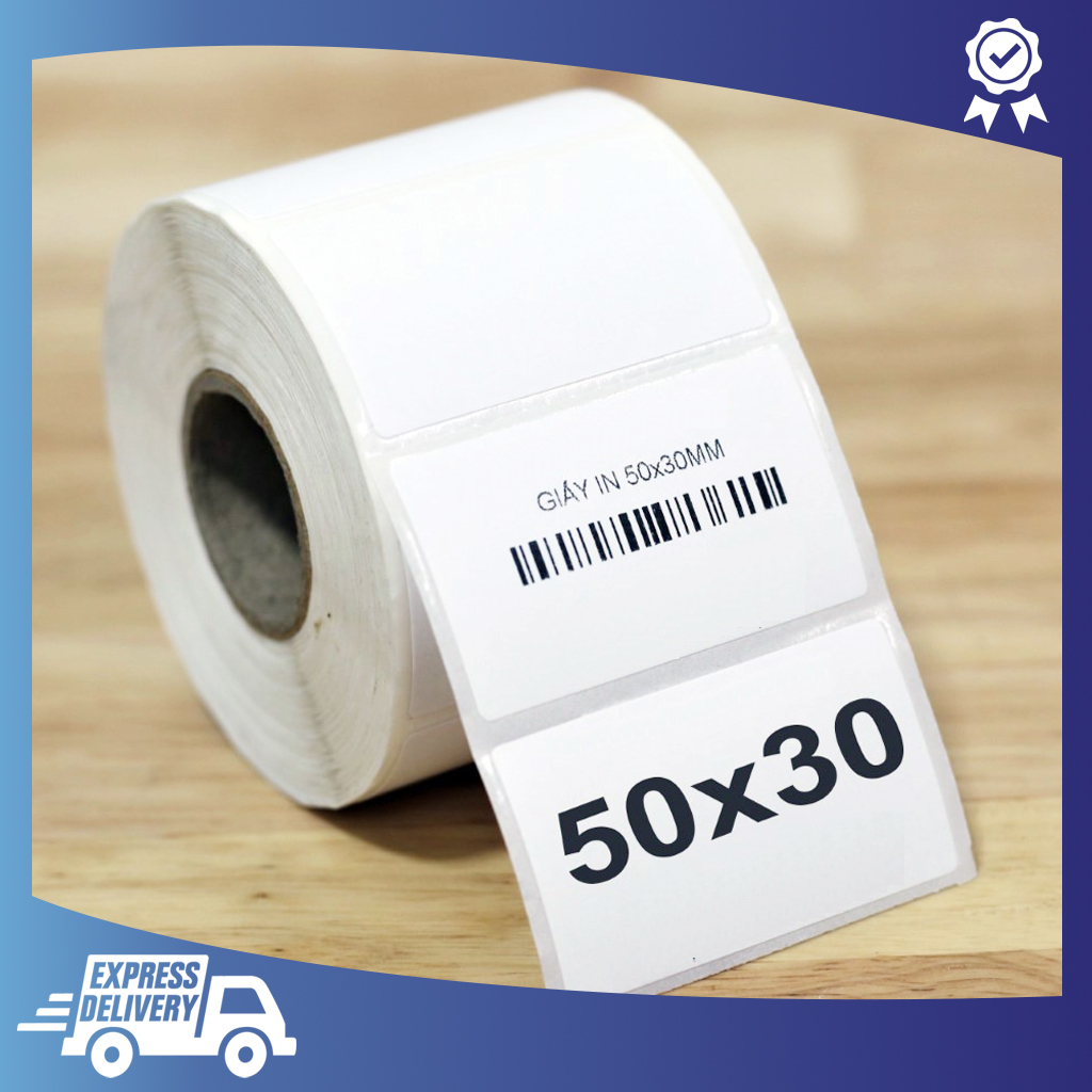 Giấy in tem decal dùng in tem nhãn mã vạch giấy thường khổ 50x30 2 tem 1 hàng 50m