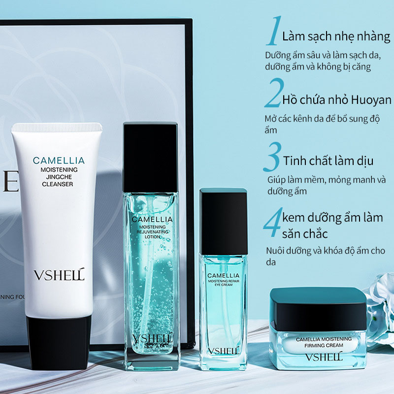 Bộ chăm sóc da Hộp quà dưỡng ẩm Camellia-Chăm sóc da mặt Bộ 4 miếng, dưỡng ẩm, cân bằng nước và dầu, làm trắng và sáng, tinh tế và săn chắc
