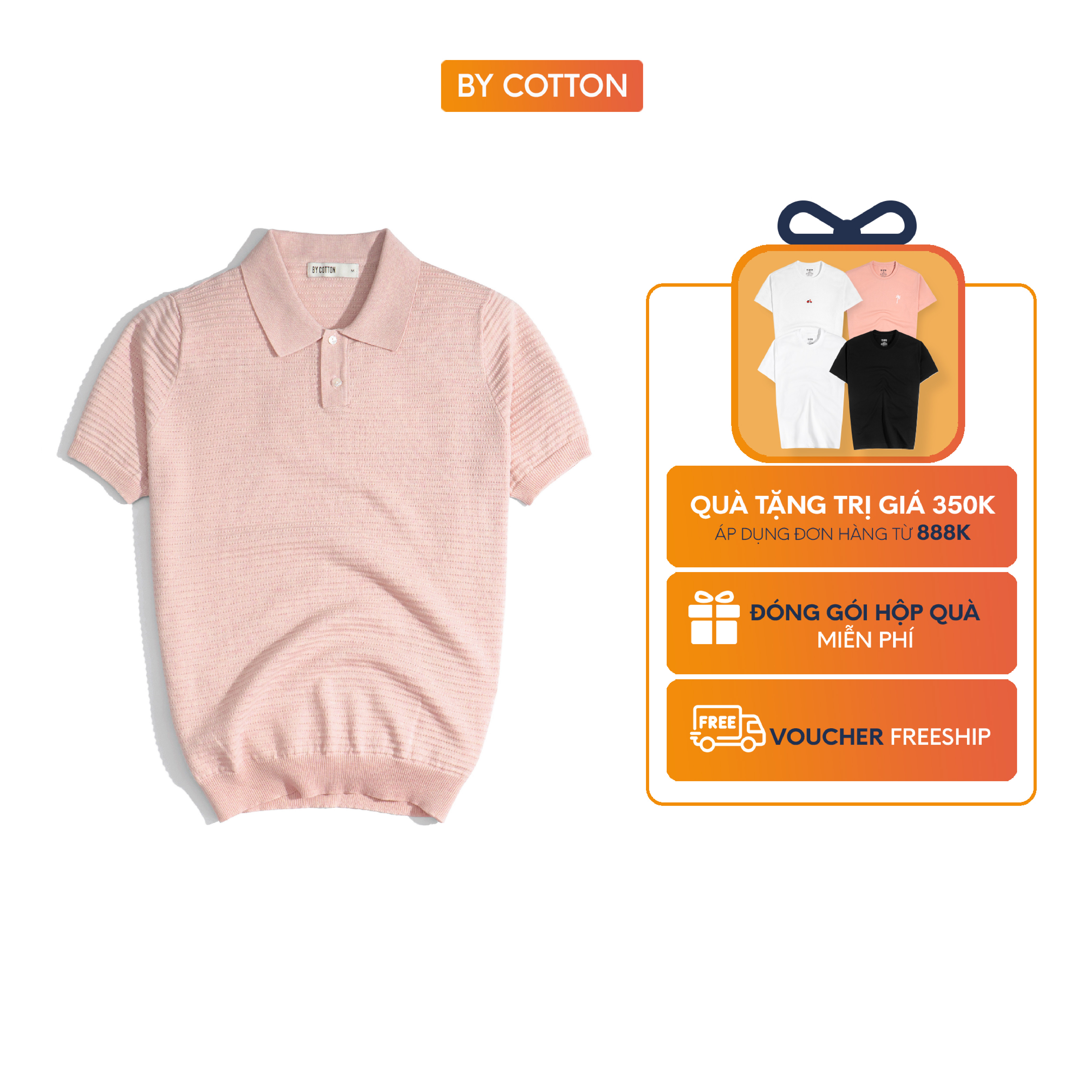 Áo thun nam cao cấp polo gân hồng nhạt by cotton