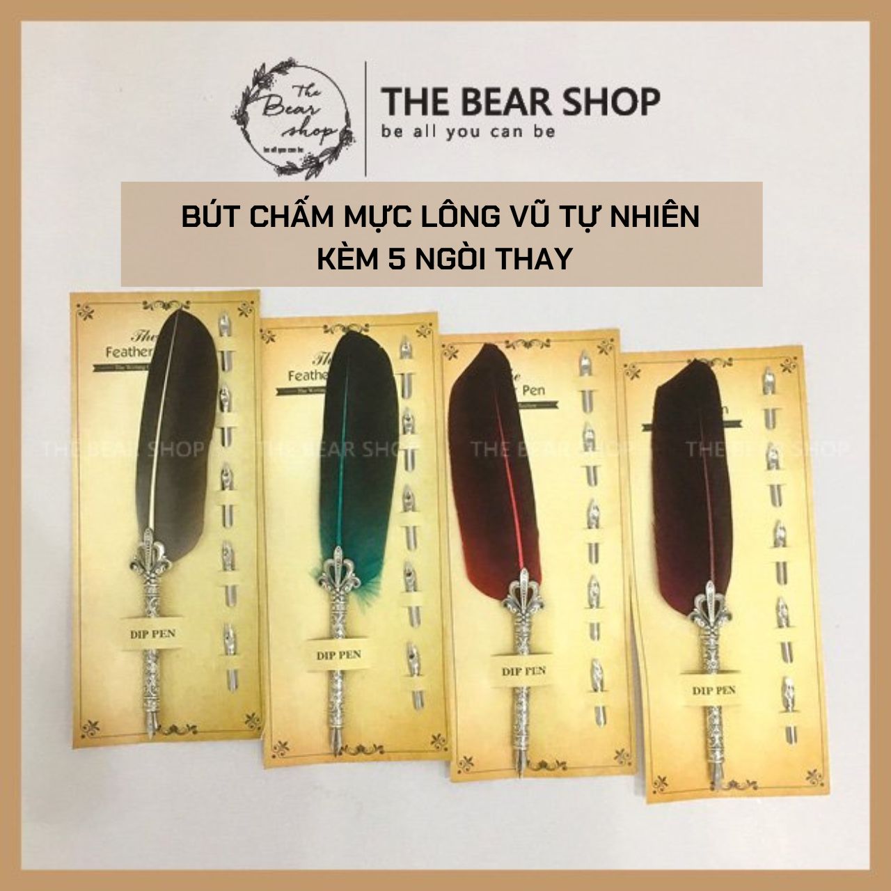 Bút chấm mực bút máy gắn lông vũ nhiều mẫu kiểu dáng cổ điển - The Bear Shop