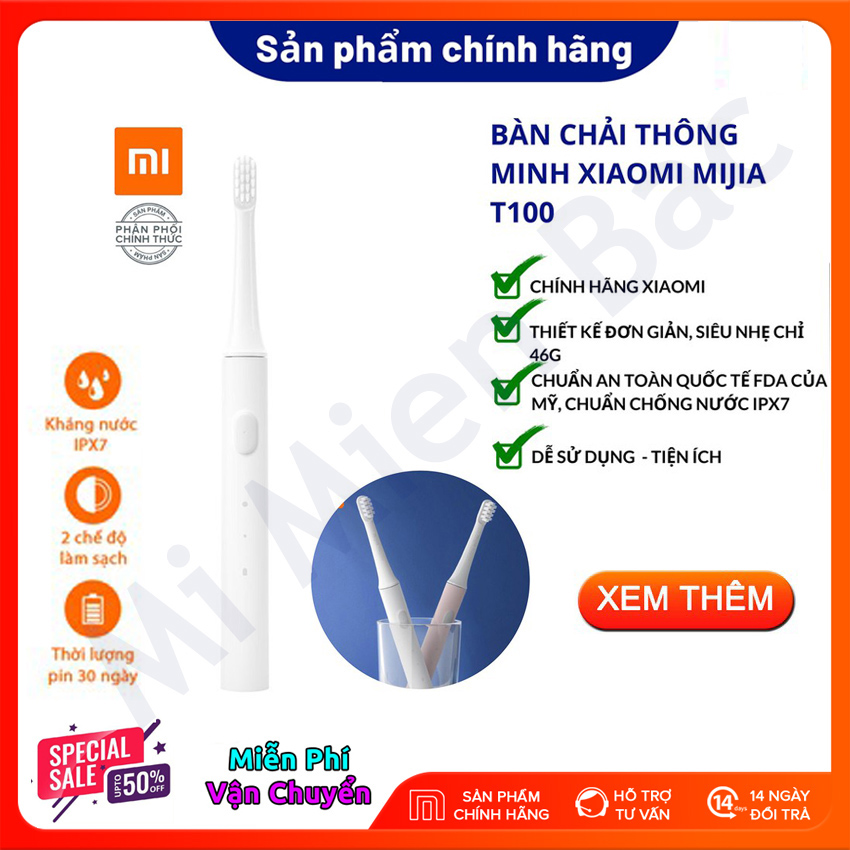 [CHÍNH HÃNG] Bàn Chải Điện Xiaomi T100 và 3 Đầu Chải Thay Thế Bàn Chải Mijia Sonic T100, Rung Cực Mạnh, Chống Nước IP67 Sạc Điện, Đánh Bay Mọi Mảng Bám – Mi Miền Bắc