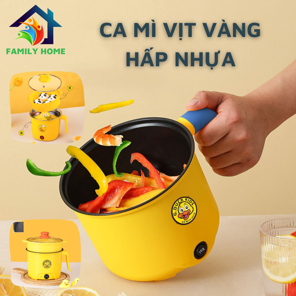 Nồi lẩu điện mini hình vịt vàng dễ thương 2 tầng tặng kèm xửng hấp nhựa thể tích 1.5L công suất 300W tiết kiệm điện năng Nồi Lẩu Vịt Vàng, Ca Mì Chế Biến Thức Ăn Đun Nấu Chiên Xào