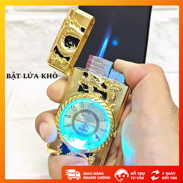 Bật lửa khò kiêm đồng hồ cầm tay quẹt lửa hình rồng mạ vàng sang trọng cao cấp - GD0734