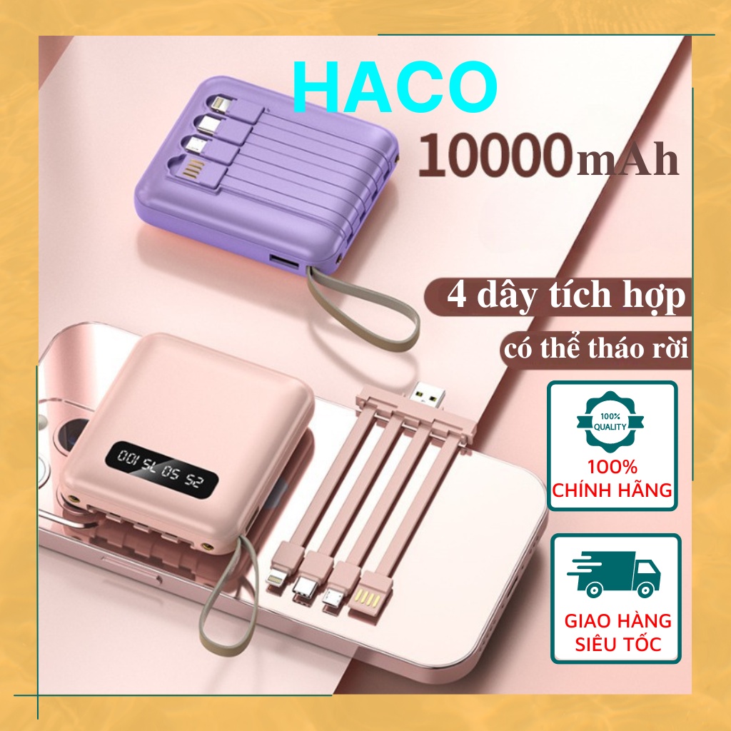 Cục sạc dự phòng 20000mAh mini cầm tay cao cấp tích hợp 4 đầu sạc và đèn chiếu sáng HACO1