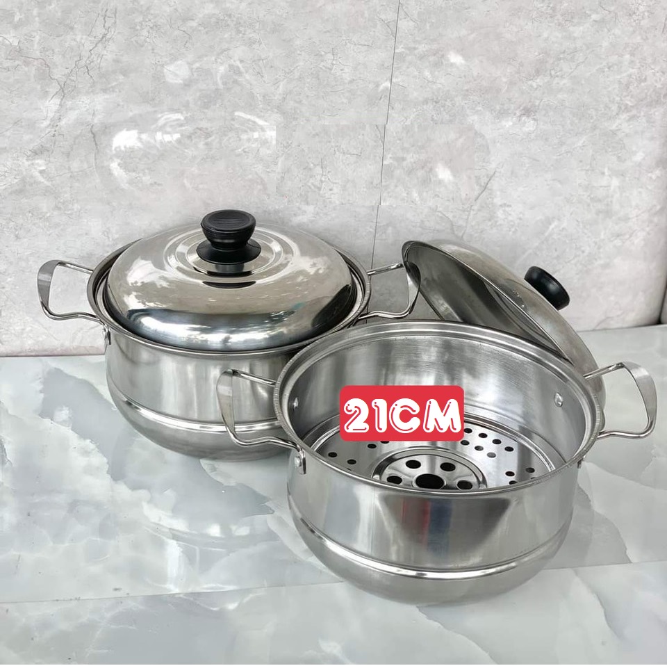 Bộ Nồi Hấp Inox Kèm Khay Hấp Cách Thuỷ Đường Kính 22CM. Phù Hợp Hấp Những Món Như Bánh Bao,