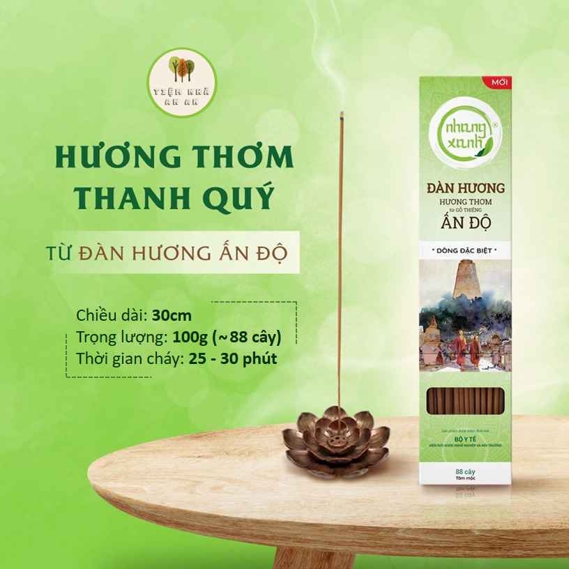 Nhang Xanh Đàn Hương 30cm 100g - 100% bột gỗ Đàn Hương Ấn Độ - Hương thơm dịu nhẹ đặc biệt