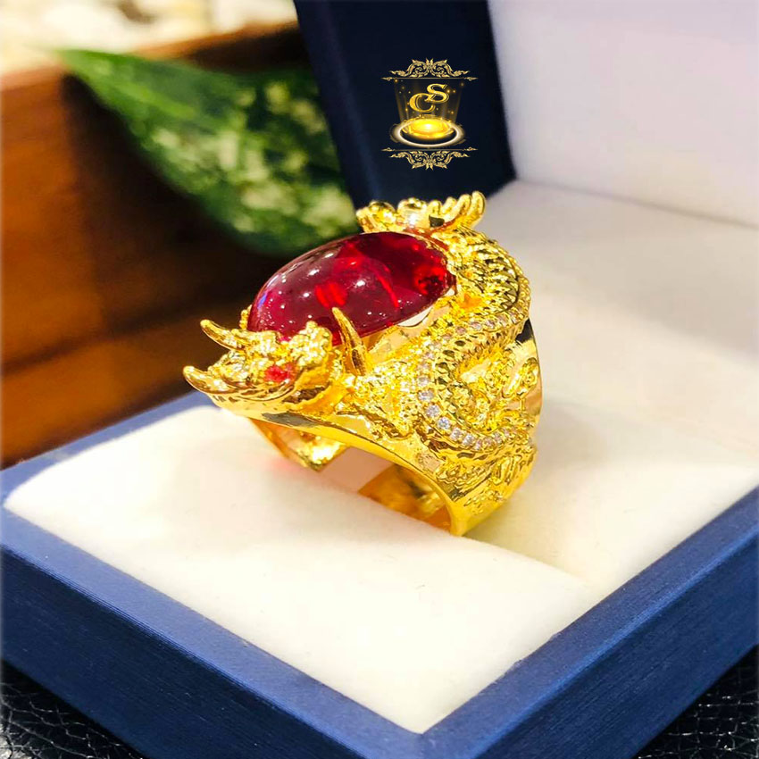 nhẫn nam mạ vàng 18k họa tiết 2 con rồng cuốn quanh viên ngọc - khắc laser tỉ mỉ, kĩ thiệt xi mạ hiện đại, lâu phai bền màu - caraven silver - XD