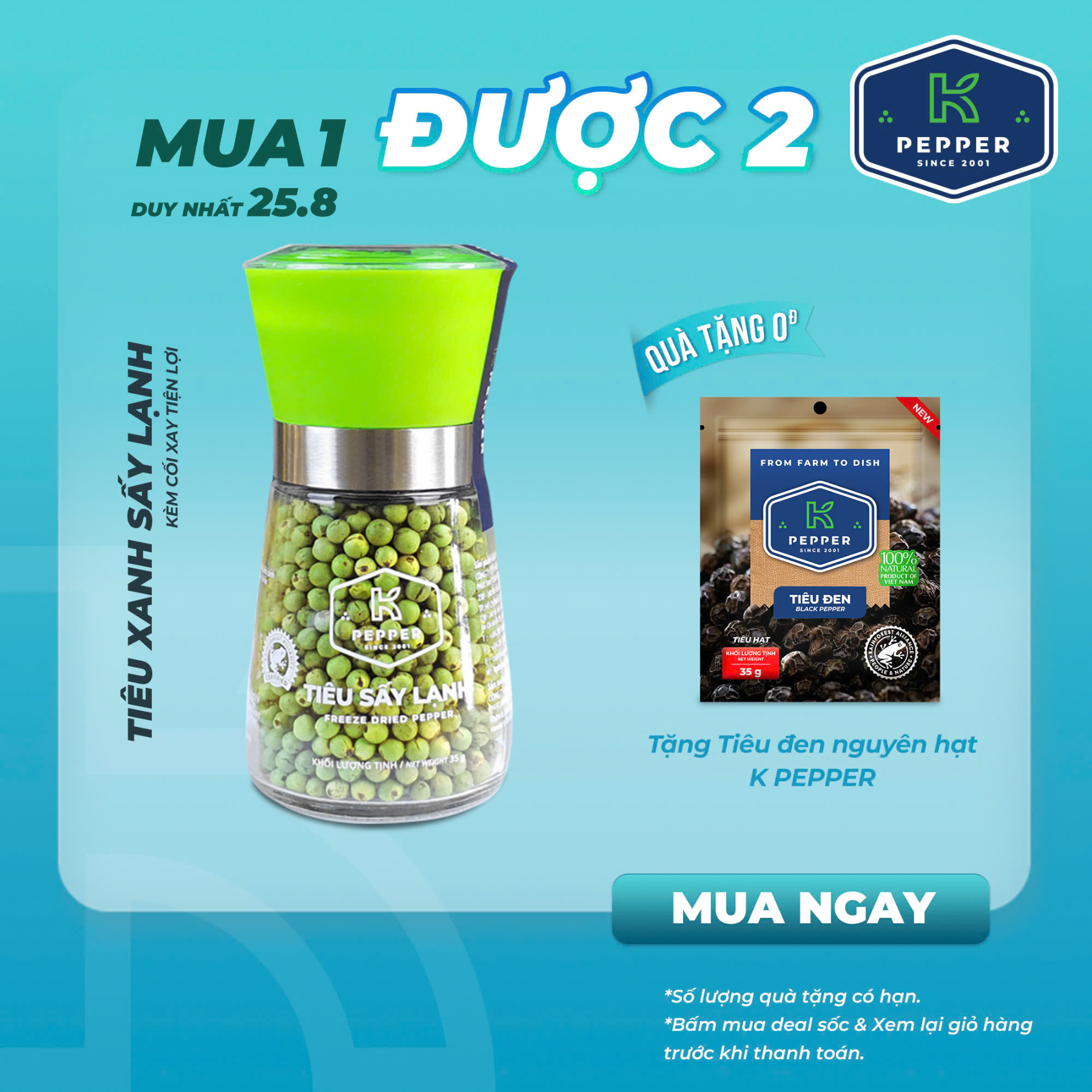 Tiêu Xanh Sấy Lạnh K Pepper 35g + cối xay tiêu cầm tay