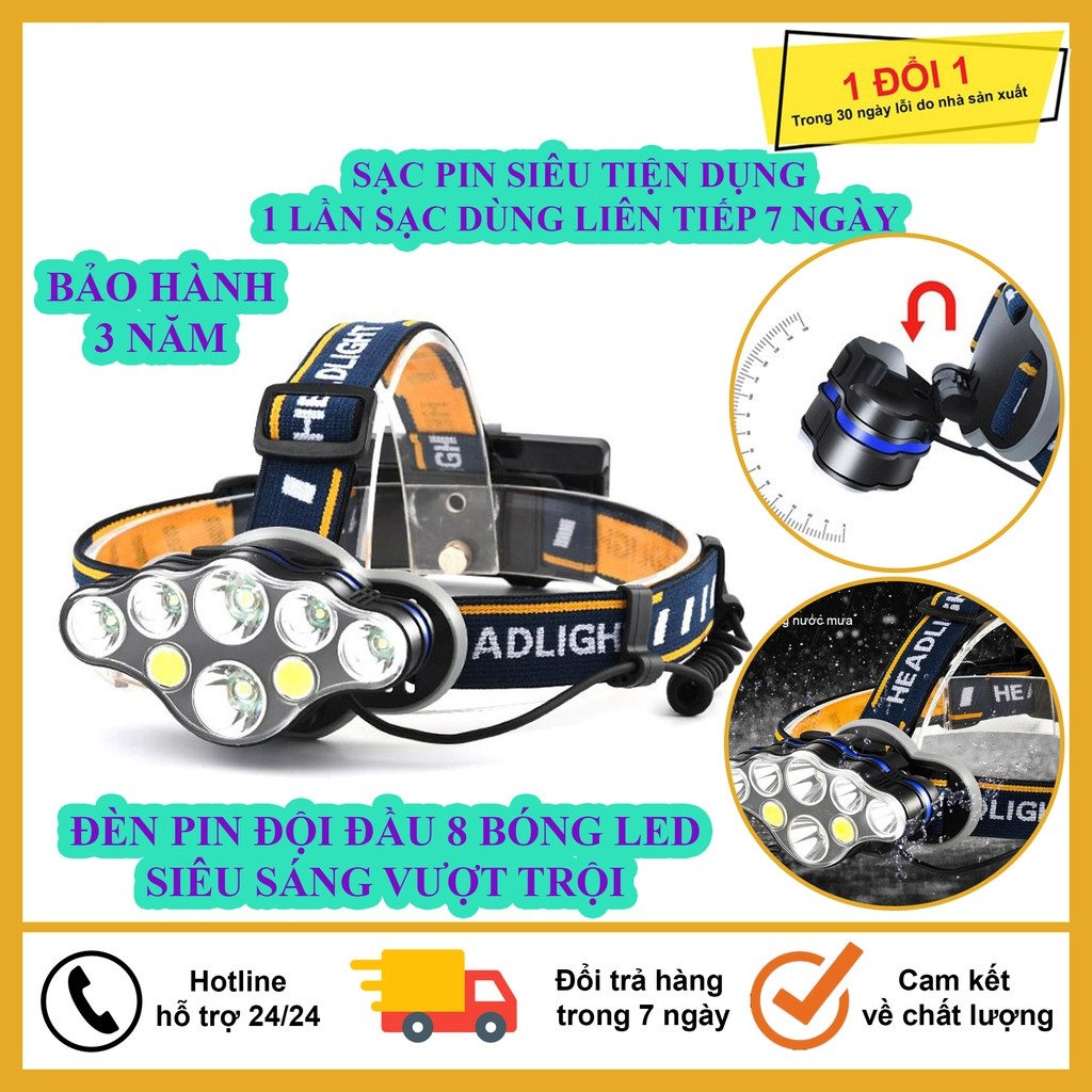 Đèn pin đội đầu 8 bóng siêu sáng- Đèn pin chất lượng cao 8 chế độ sáng, đèn pin thiết kế chống nước an toàn tiện dụng