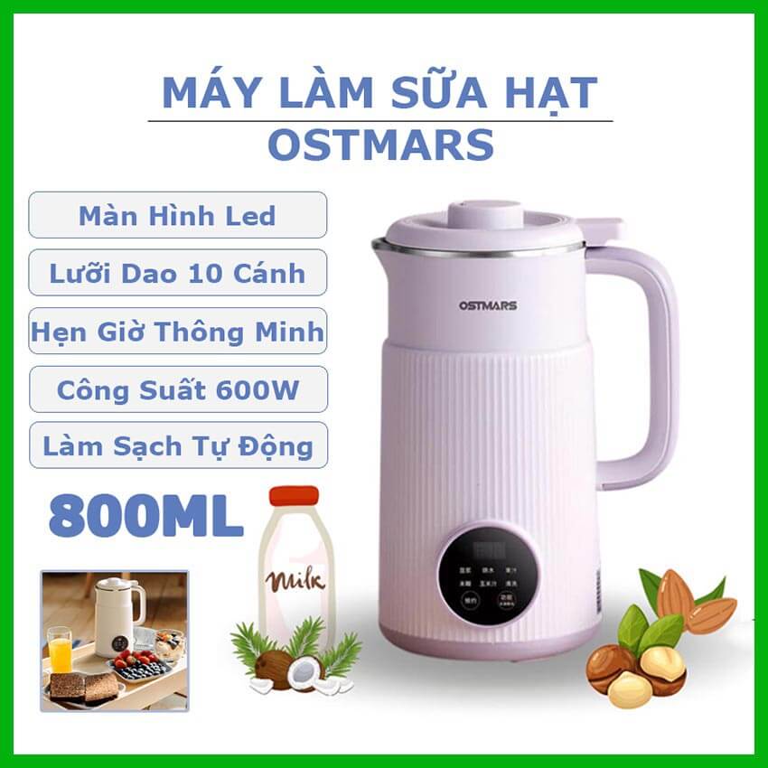 Máy làm sữa hạt mini đa năng OSTMARS 800ml, máy nấu sữa hạt 600W có chế độ hẹn giờ thông minh, máy làm sữa đậu nành, nấu sữa ngô, xay sinh tố
