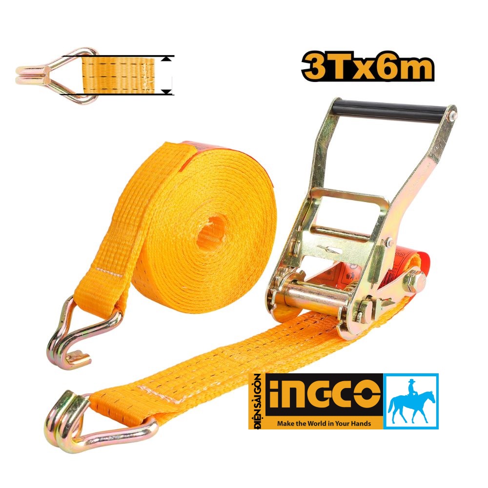 Dây đai tăng đơ chằng hàng cột hàng dây móc buốc hàng cố định hàng Dây đai chịu tải 3 tấn dài 6 mét INGCO HRSP361