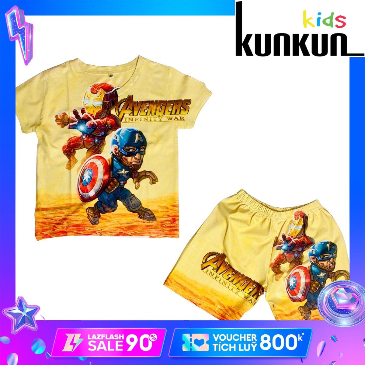 Quần áo bé trai Thun lạnh size đại cho bé từ 10kg-60kg In 3D Hình Avenger vàng Kunkun TP113