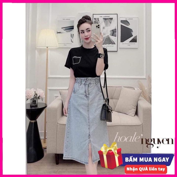 Chân váy bò dáng dài xẻ lệch dễ phối đồ