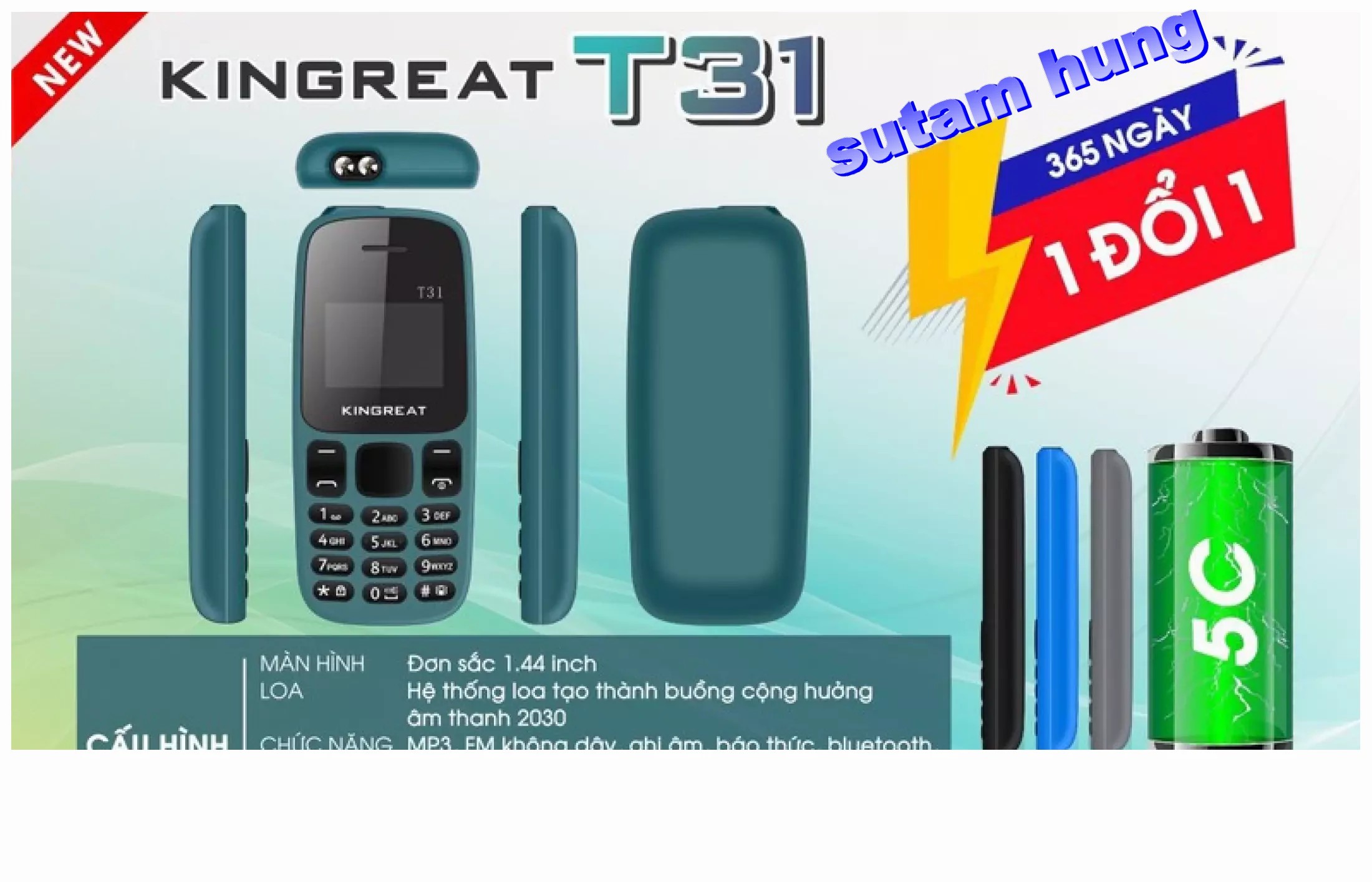 [HCM]Điện thoại Kingreat T31 FM loa ngoài - 2 sim 2 sóng - Nhỏ gọn - Pin 5C - Mới 100% - Hàng chính hãng sth