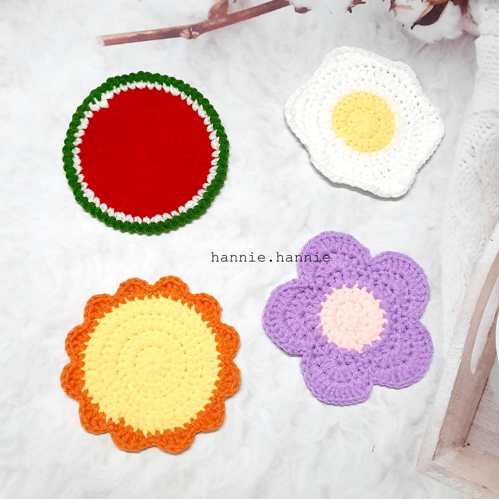 🌺🍉 LEN LÓT LY 🌺🍉 - Đế lót ly, miếng lót cốc len hình dưa hấu/trứng/hoa/mặt trời dễ thương handmade