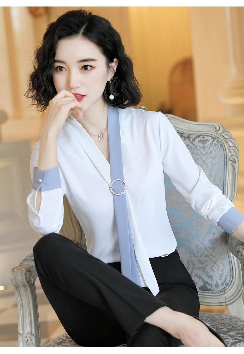 Áo nữ tay dài kiểu cổ dây nơ phối màu trắng-xám