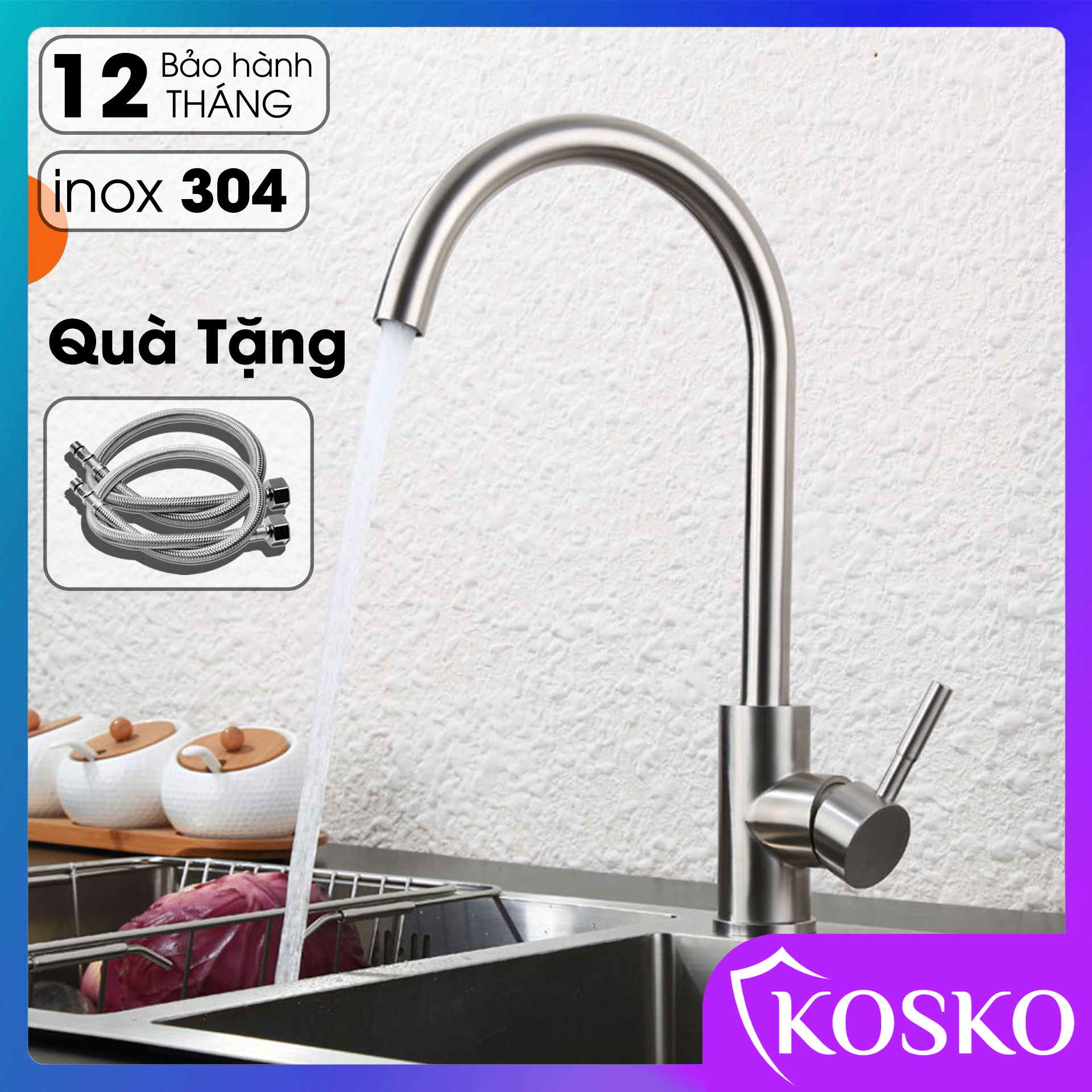 Vòi rửa bát chén inox 304 cắm chậu Nóng Lạnh Vòi rửa bát xoay 360 độ tròn cần cứng (Tặng dây cấp) (Bảo hành 12 tháng - 1 đổi 1 trong 7 ngày) Dễ dàng lắp đặt - không cần gọi thợ