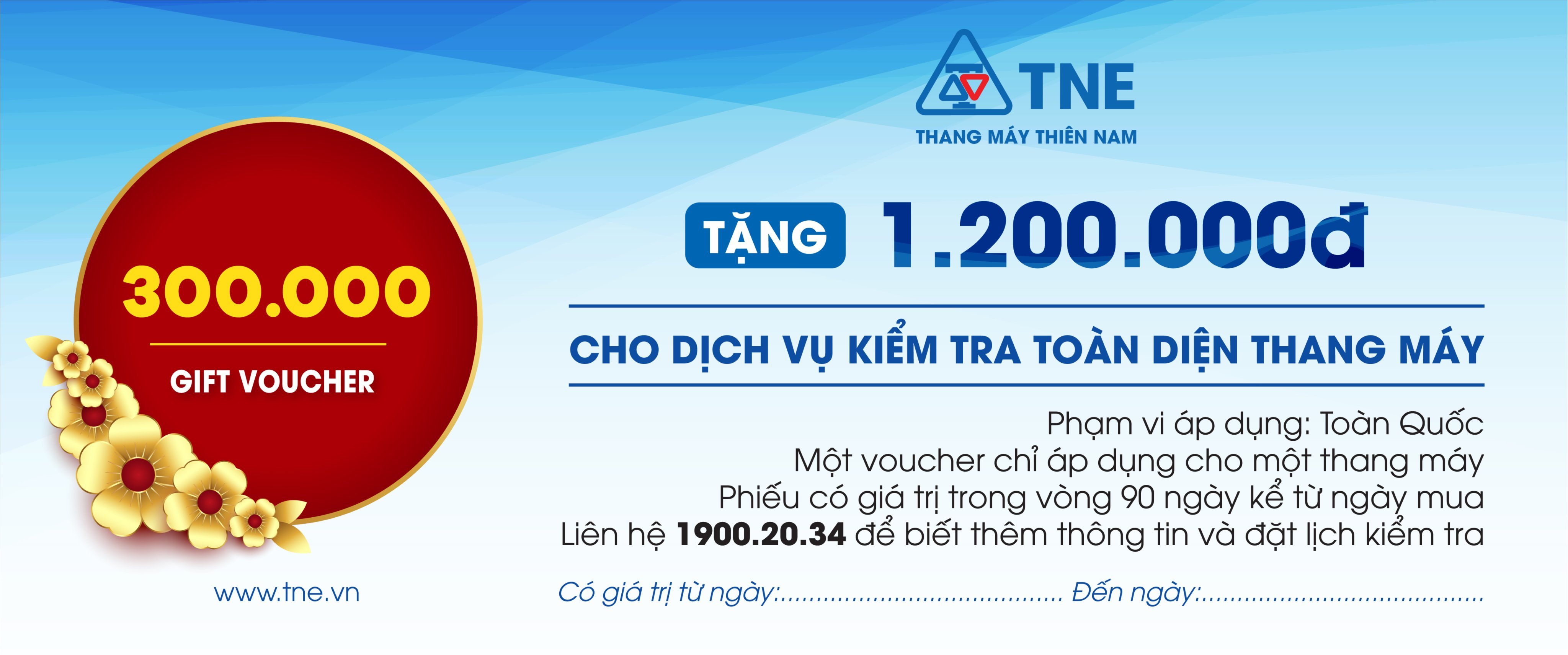 TNE.VN - Voucher dịch vụ đánh giá thiết bị, kiểm tra toàn diện thang máy gia đình, thang tải khách, thang tải thức ăn, thang cuốn, thang tải hàng, thang tải băng ca, thang tải ô tô do Thang Máy Thiên Nam thực hiện. HSD: 3 tháng