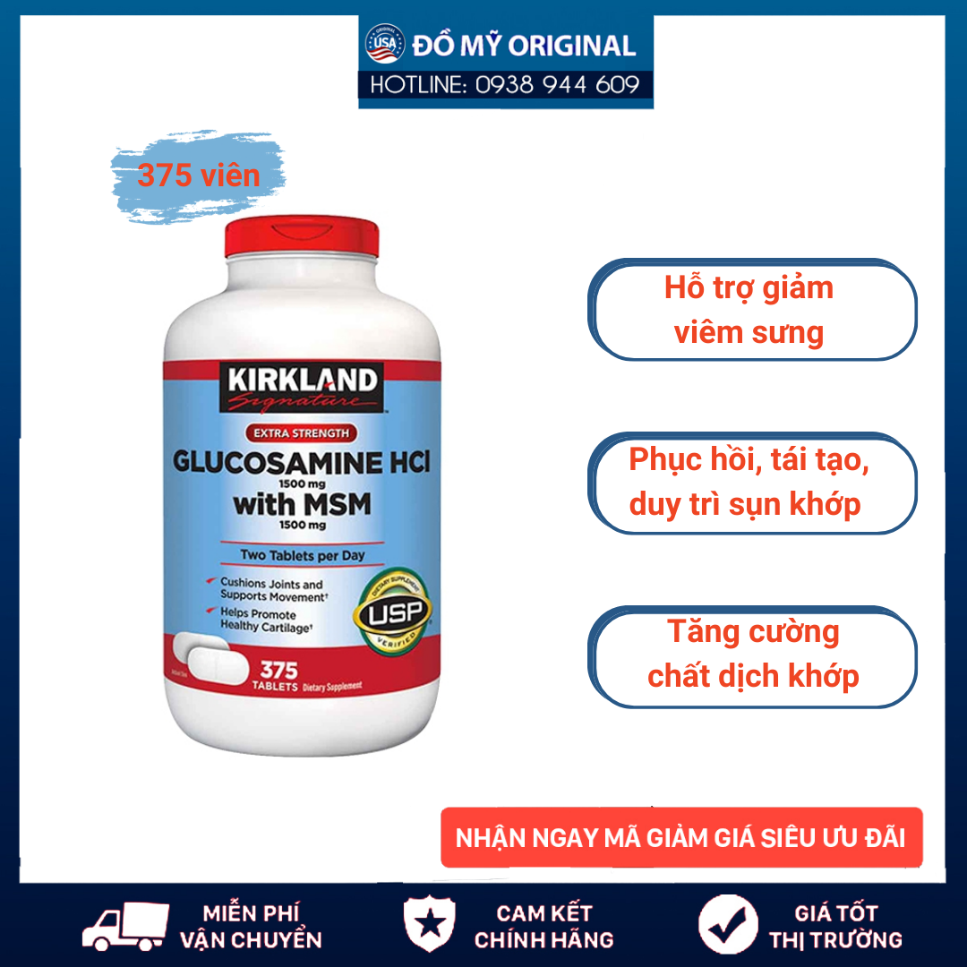 Viên Uống Glucosamine HCI 1500mg Kirkland Signature 375 Viên Hàng Nhập Mỹ Hỗ Trợ Xương Khớp Thoái Khớp Gối Loãng Xương