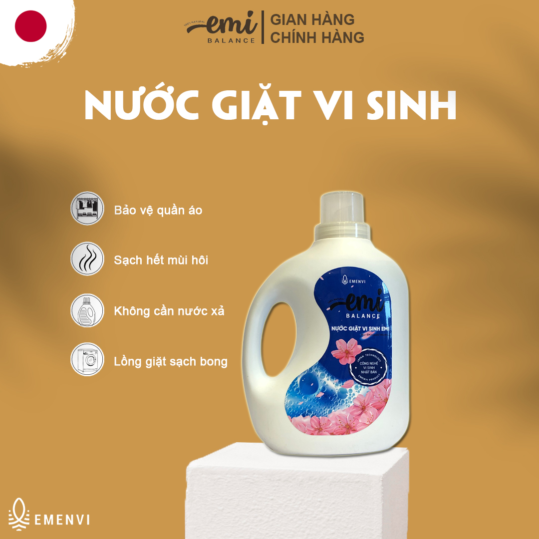 Nước giặt vi sinh không cần nước xả vải Emi Balance giặt quần áo đồ lót an toàn cho bé diệt khuẩn nấm mùi hôi can 2L