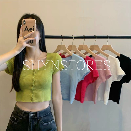 Áo croptop Shynstores nữ ngắn tay cúc dọc ullzzang vải len cao cấp
