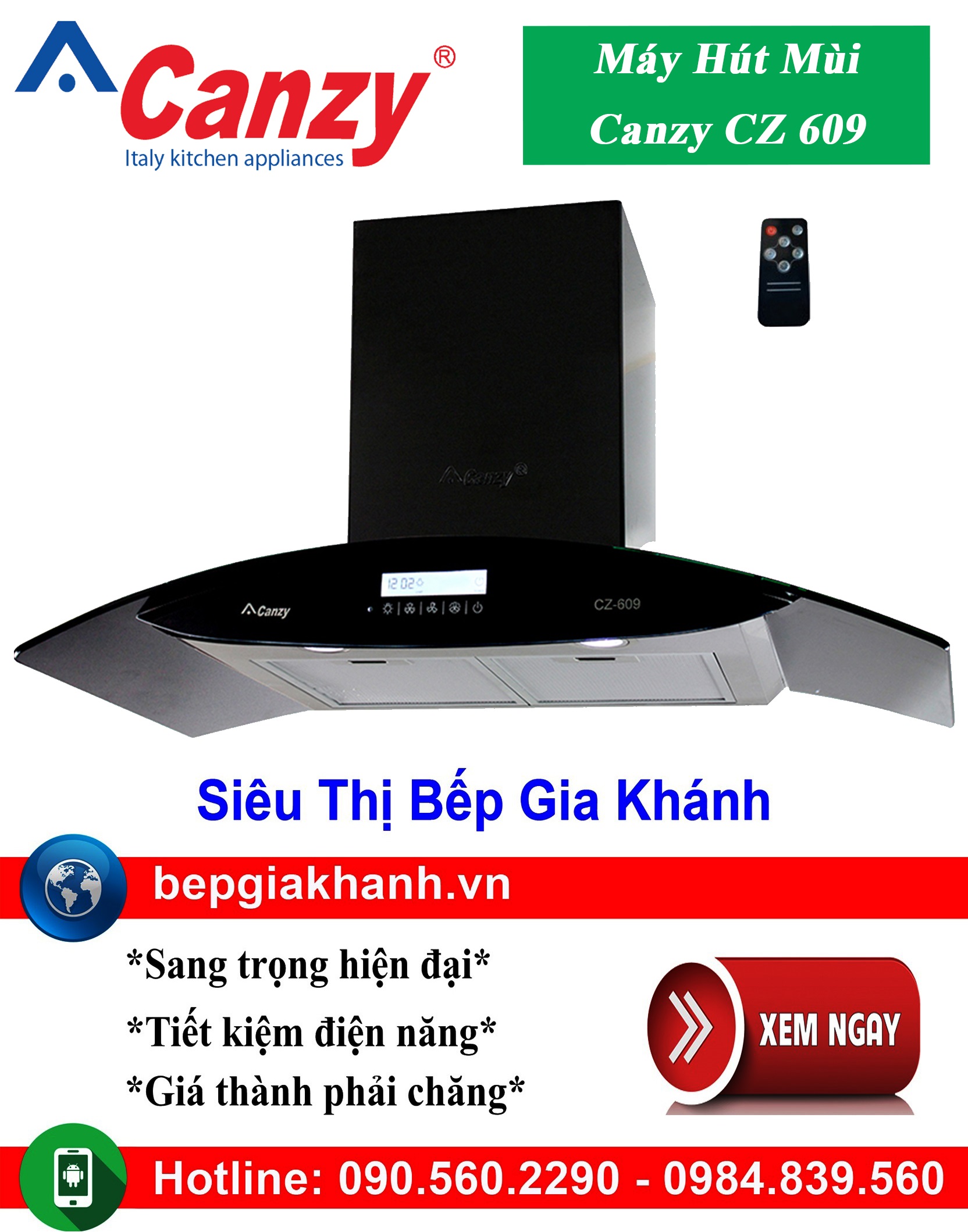 [HCM]Máy hút mùi kính cong 90cm Canzy CZ 609, máy hút mùi nhà bếp, máy hút mùi bếp, máy hút mùi kính