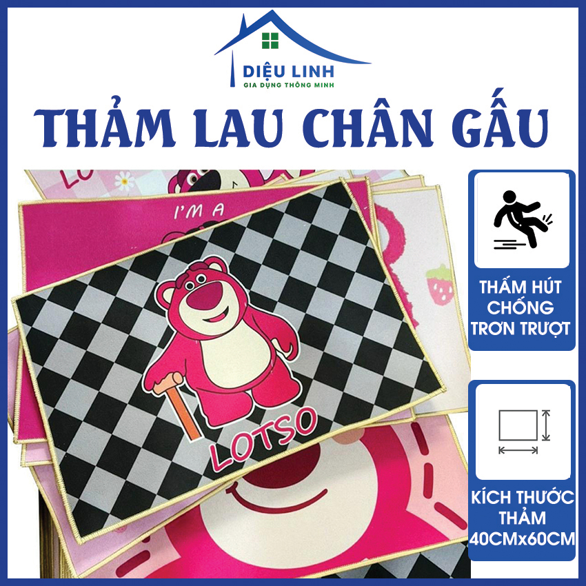 Thảm lau chân siêu thâm nước vải chữ nhật - Gấu dâu,Thảm lau chân nhà tắm, thảm chùi chân gấu dâu Lo