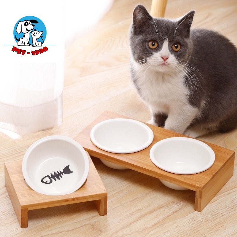 Bát ăn sứ đế gỗ đựng thức ăn chó mèo phong cách nhật bản