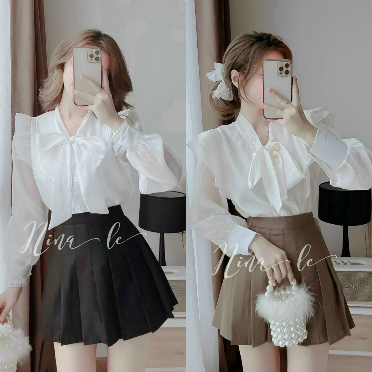 Sét áo sơmi tay phồng dài cột nơ cổ phối chân váy xoè xếp ly kiểu dáng xinh xắn dễ thương