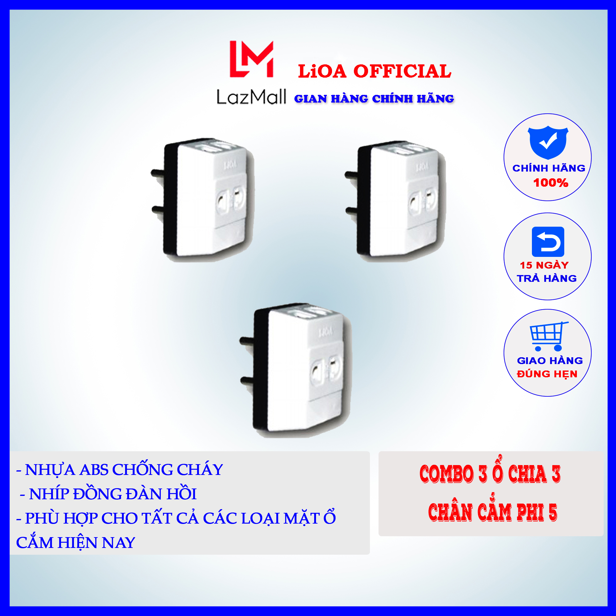 Combo 3 ổ cắm chia 3 ngả Lioa chân cắm phi 5