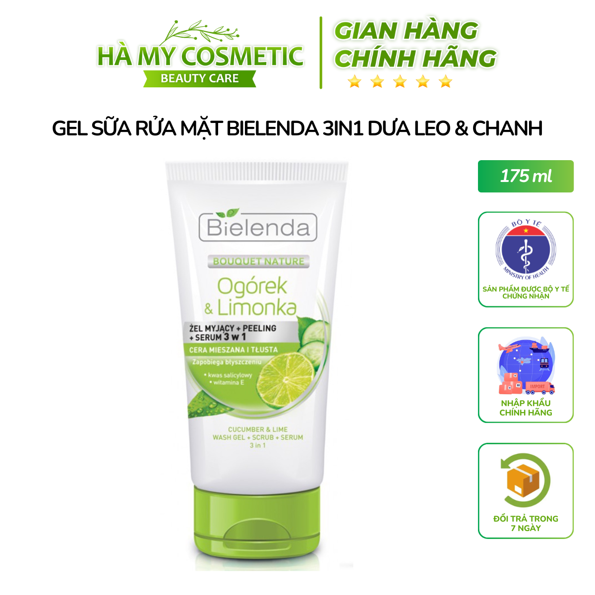 Gel sữa rửa mặt Bielenda 3in1 dưa leo & chanh (rửa mặt + tẩy da chết + serum) sạch sáng mịn da