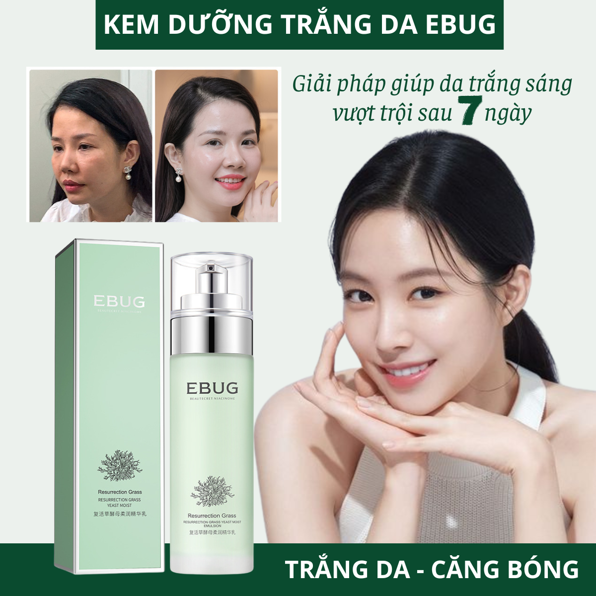 Kem dưỡng da bóng khỏe mịn màng trắng sáng tự nhiên chiết xuất cỏ phục sinh EBUG , lấy lại làn da tươi trẻ căng bóng, cấp ẩm chuyên sâu, trắng da