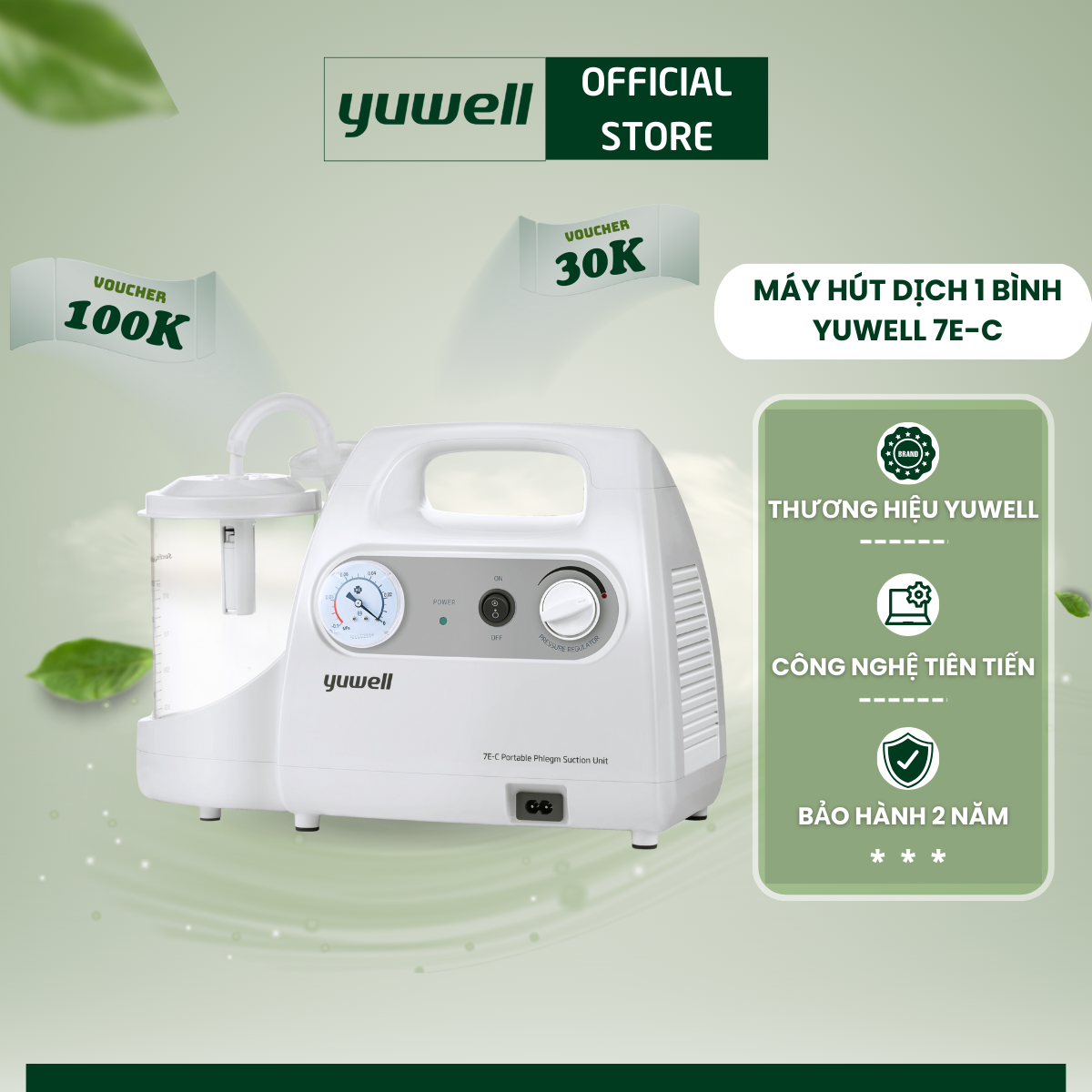 Máy hút dịch 1 bình yuwell 7e-c - máy khỏe, dễ dùng, dễ vệ sinh. tặng kèm 2 đầu hút mũi - bảo hành 2 năm