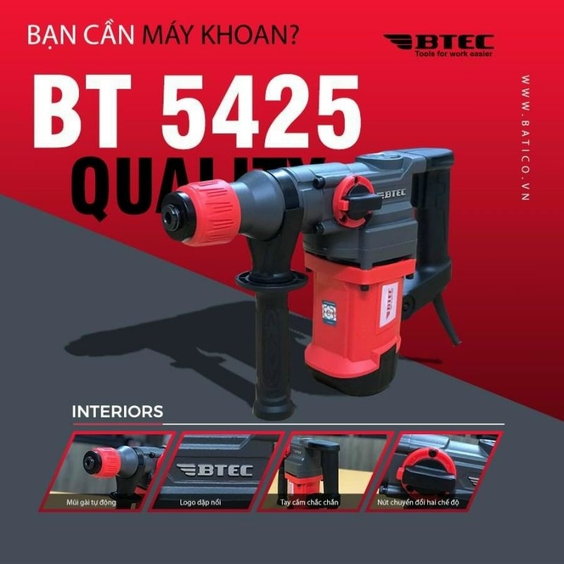 Máy khoan đục bê tông btec bt5425 - 1010w - tặng kèm 2 mũi khoan bê tông 8mm, 10mm