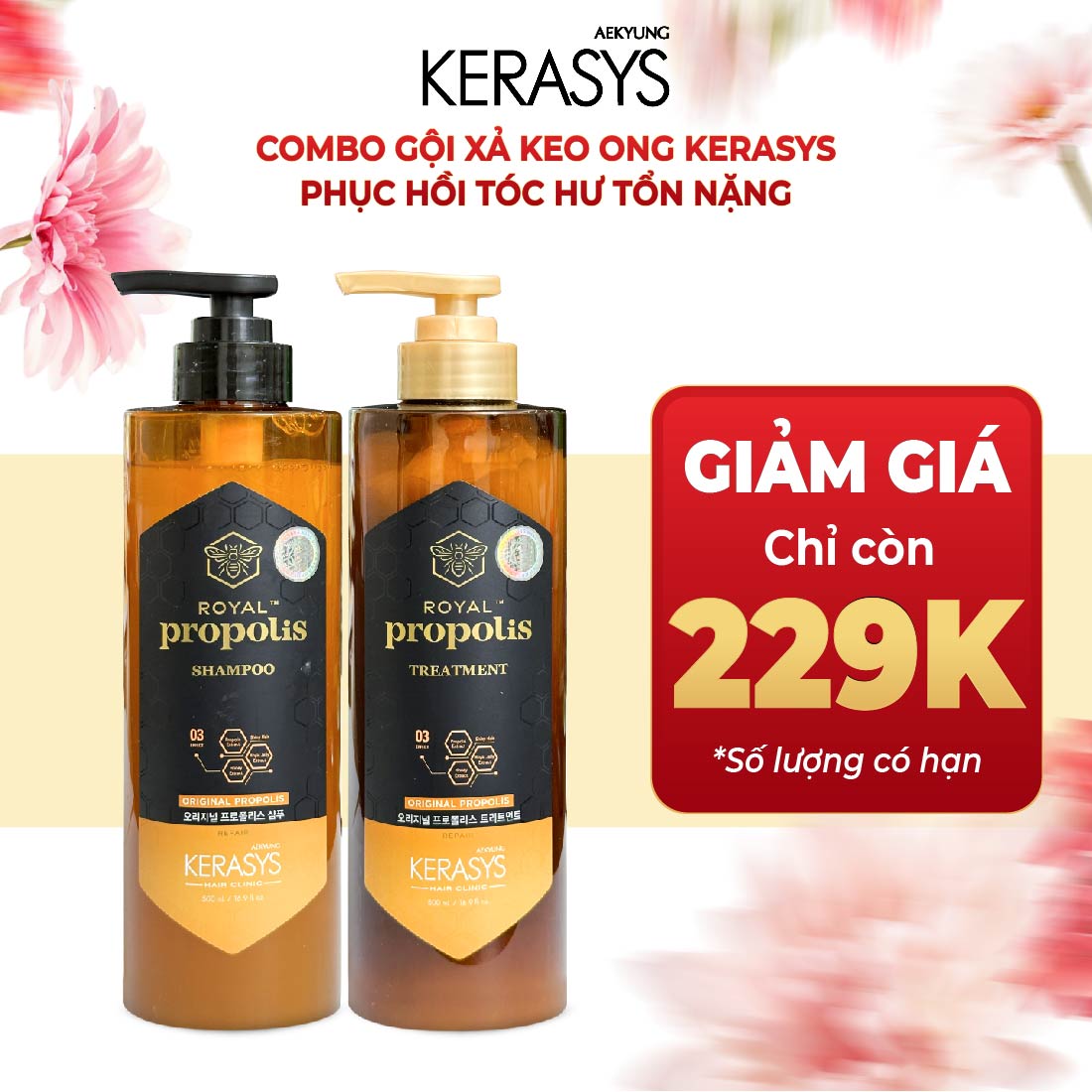 Cặp dầu gội xả phục hồi keo ong Kerasys Royal Propolis Hàn Quốc dành cho tóc khô xơ, hư tổn, chẻ ngọn 500ml