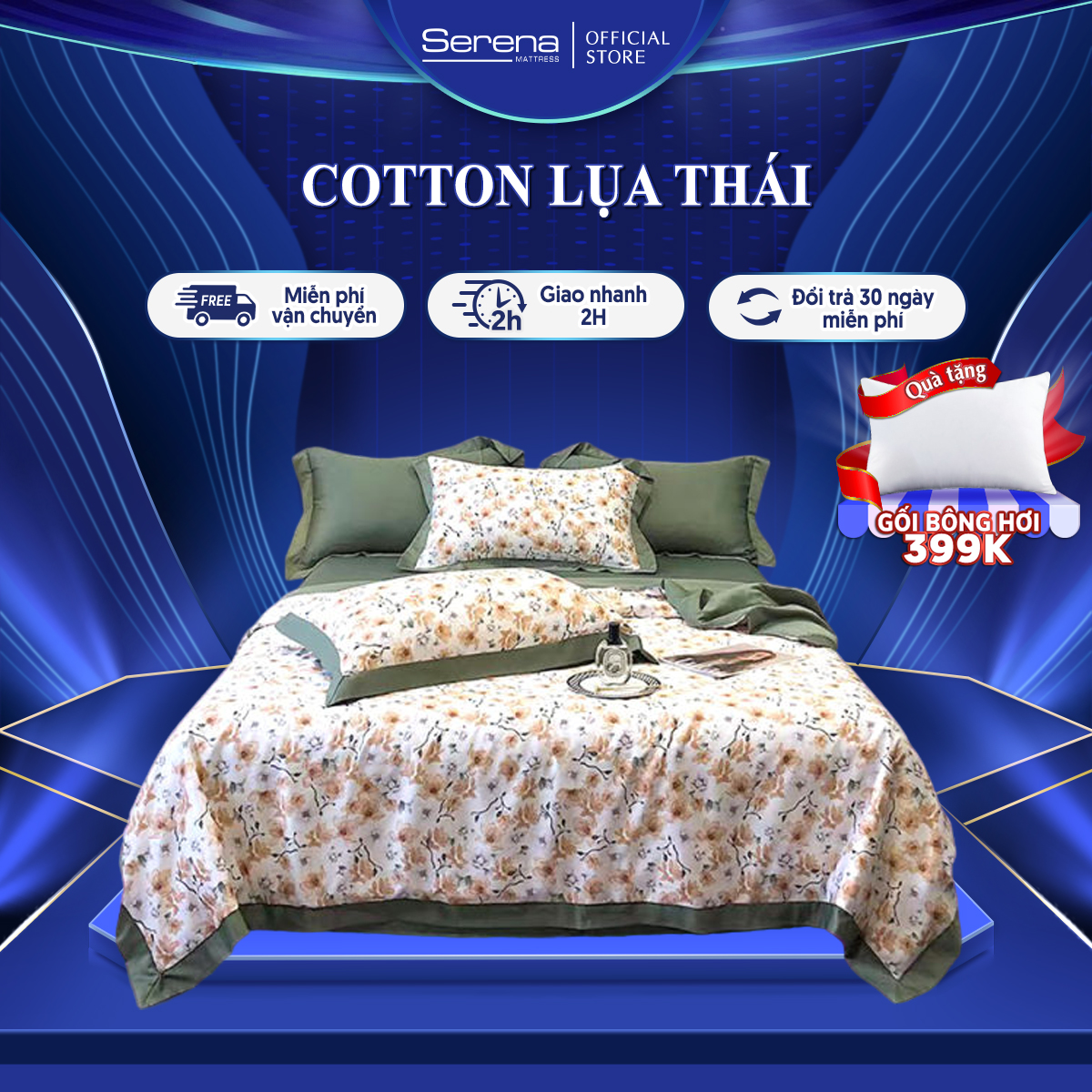 Ga giường thun lạnh trọn bộ 5 món cotton lụa SERENA chính hãng chuẩn khách sạn 5 sao bộ set vỏ chăn ga drap ra giường cotton lụa thái gối mền nệm đệm 5 món cotton lụa thái chần trần bông phủ trải bọc giường ngủ thun mát lạnh