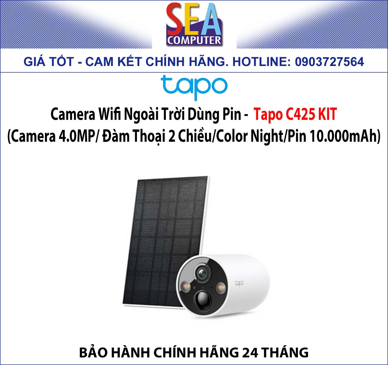Camera Wifi Ngoài Trời Dùng Pin -  Tapo C425 KIT (Camera 4.0MP/ Đàm Thoại 2 Chiều/Color Night/Pin 10