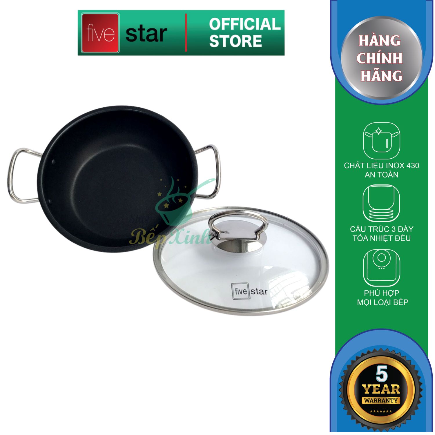 Nồi inox 430 chống dính cao cấp Fivestar nắp kính ( 18cm / 20cm / 22cm ) , 3 đáy dùng được mọi bếp