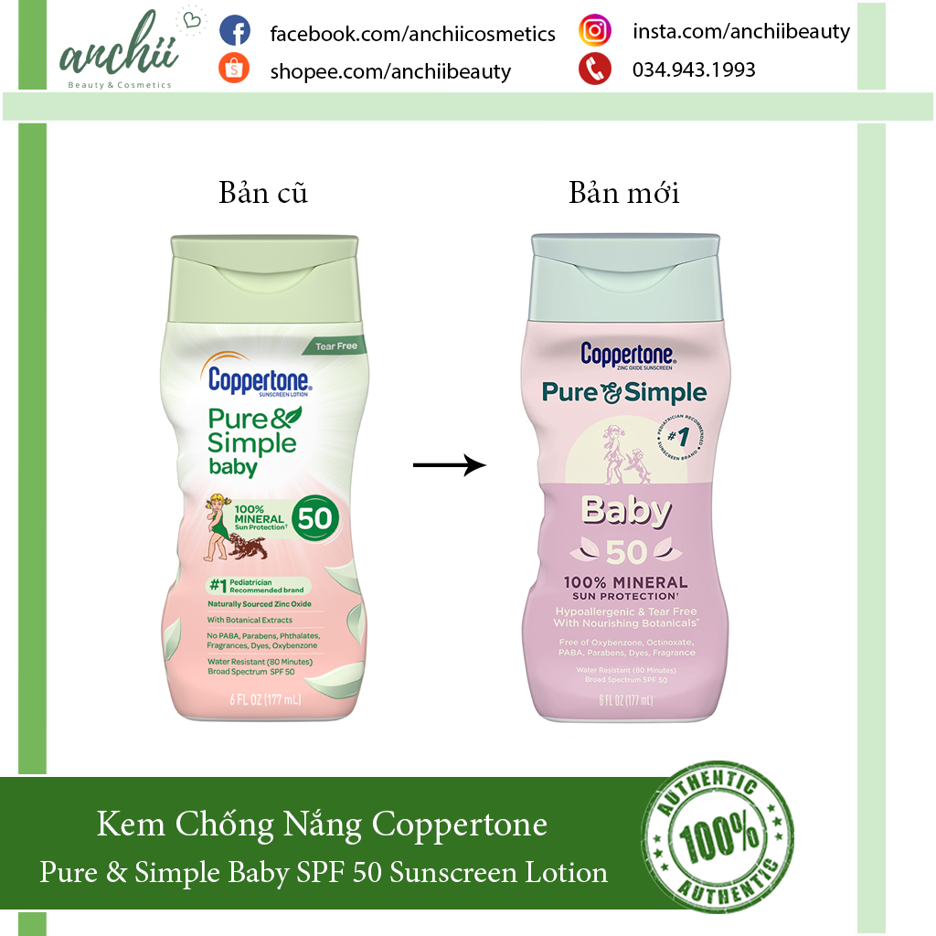 Kem Chống Nắng trẻ em Coppertone Pure & Simple Baby SPF 50 Sunscreen Lotion, Tear Free, Water Resistant