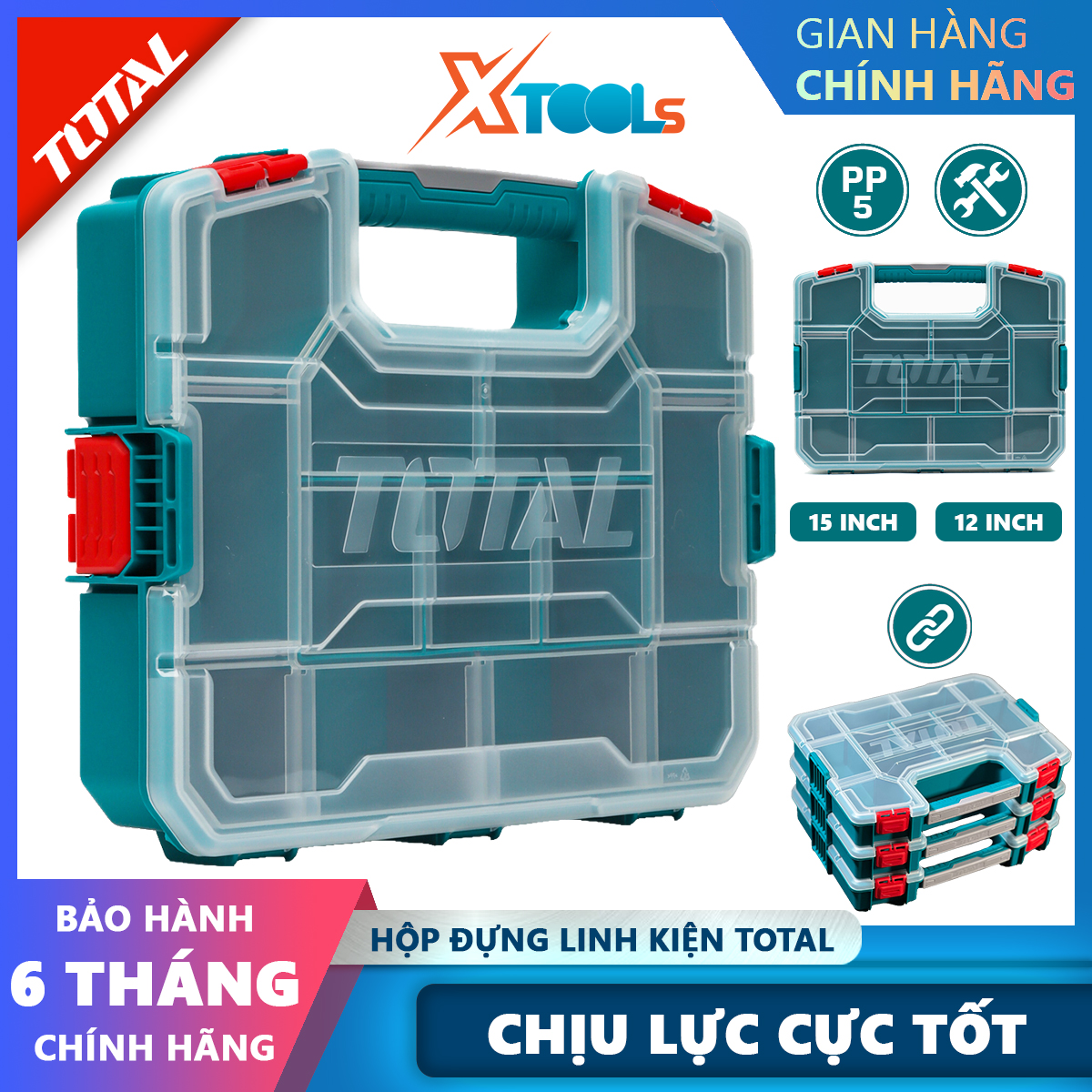 Hộp đựng linh kiện TOTAL Hộp nhựa đựng đồ nghề ghép nối với nhau, vách ngăn tháo rời, nhựa PP5, đựng phụ kiện, linh kiện điện tử, hộp đồ nghề đa năng
