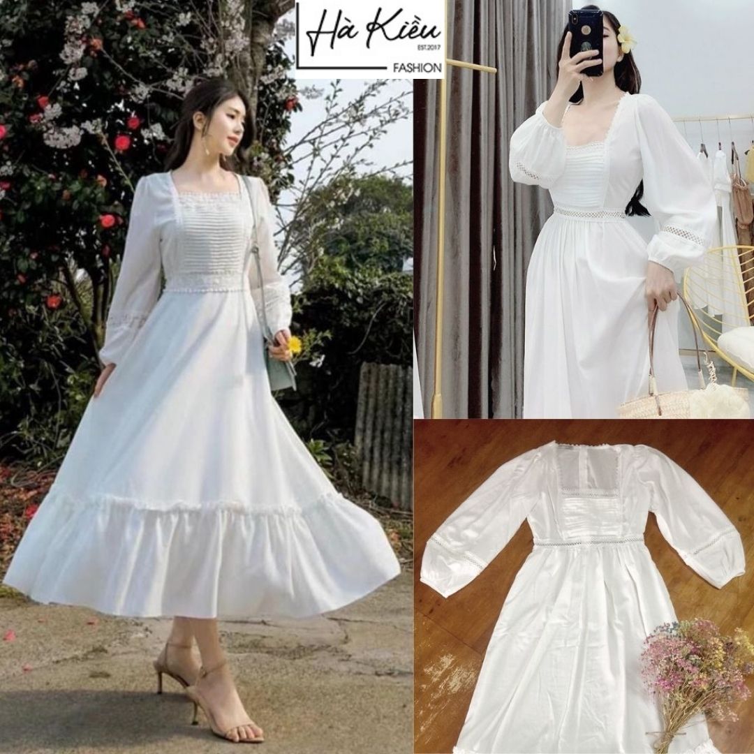 Đầm váy nữ maxi Trắng ngực dập ly tay phối ren Hà Kiều MSP0101 chất Lụa cao cấp