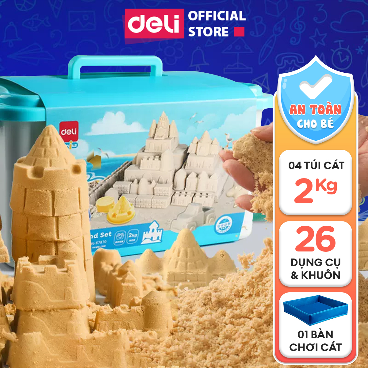 Bộ đồ chơi Cát động lực Deli - Cát vi sinh kèm khuôn đồ chơi cho bé, dễ tạo hình, an toàn, không dính tay