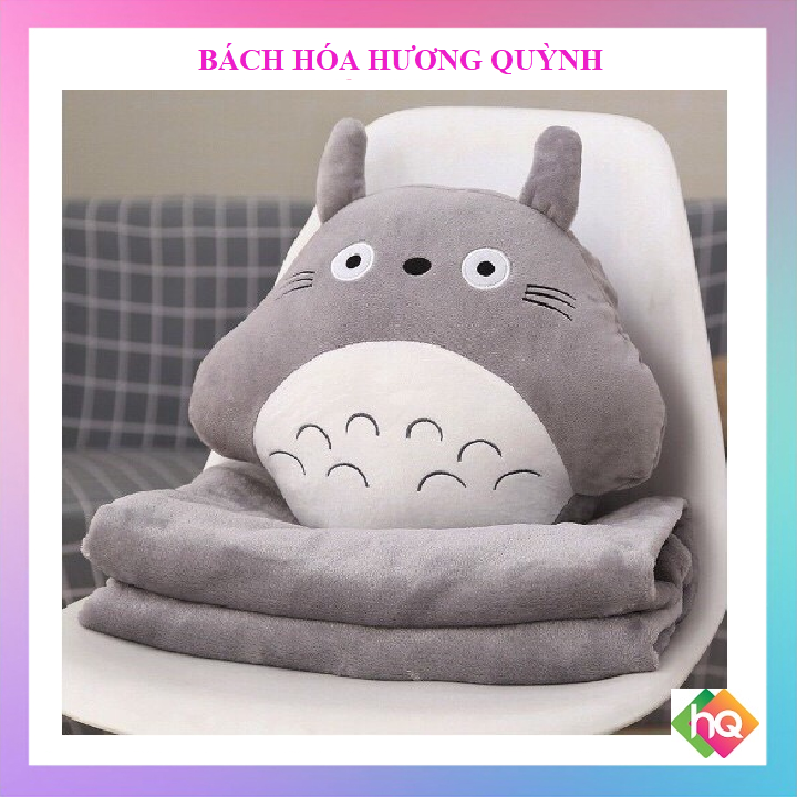 Bộ chăn gối văn phòng biểu cảm totoro tròn, chu môi, cười mỉm, nhe răng màu xám, hồng-chăn gối văn phòng 3in1--hương quỳnh 316-kích thước gối