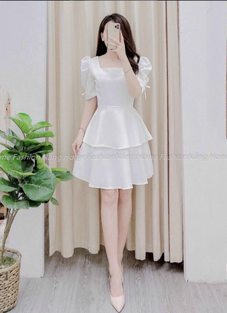 [Mẫu Hot] Đầm Váy Nữ Dạ Hội Cổ Vuông Tay Phồng Rút Dây Chân Váy Tầng Thời Trang Kiểu Cách Đi Chơi, Đi Dự Tiệc D.ONE FASHION, Mẫu Free Size (40-55Kg) Mặc Vừa
