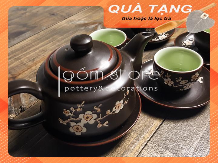 Ấm trà Bát Tràng dáng trúc vẽ chìm mai trắng(Bộ ấm chén trên không kèm khay,)