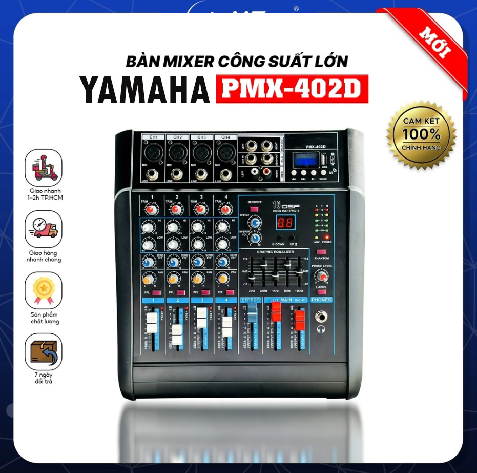 Bàn Mixer Mini Liền Công Suất Lớn YAMAHA PMX 402D Bàn Trộn 4 Kênh Micro 2 Đầu Ra 600W 16 Hiệu Ứng DSP 48V Phantom Cho Micro Thu Âm Hỗ Trợ Kết Nối Bluetooth USB AUX Tai Nghe XLR Thẻ Nhớ Bảo Hành 12 Th