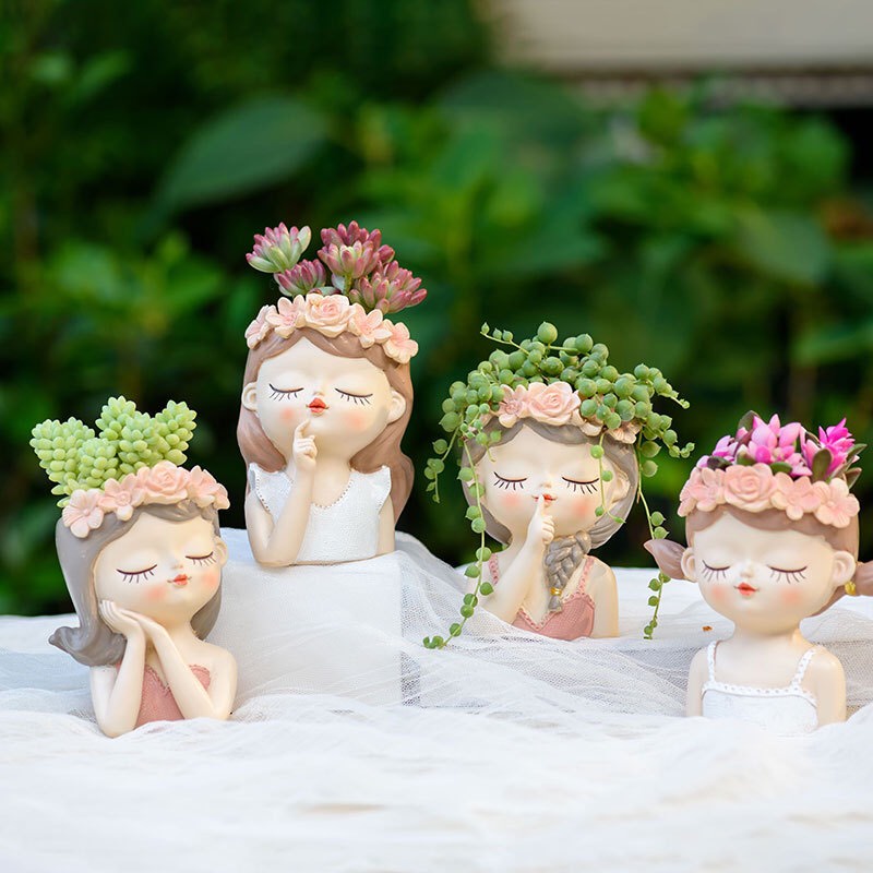 Chậu cô gái đội bông mẫu mới trồng cây, để bàn + có quà tặng kèm