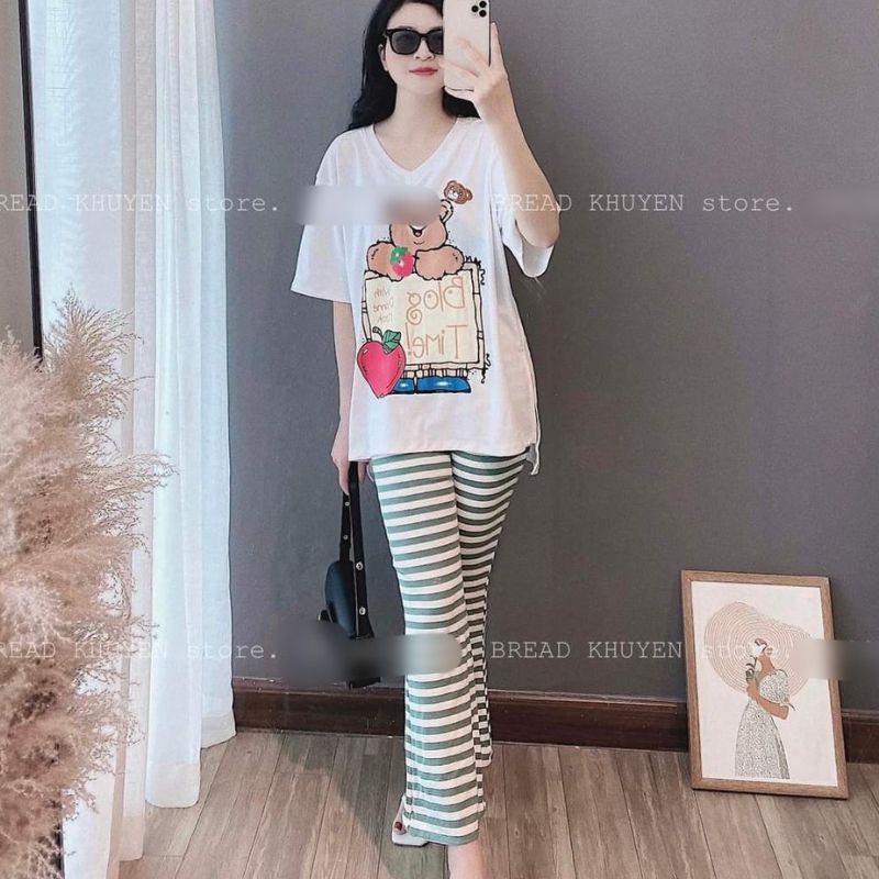 Đồ bộ nữ quần ống loe nữ cạp cao bigsize ESHOP quần thun gân len tăm cotton form rộng tay lửng co giãn đẹp DB35