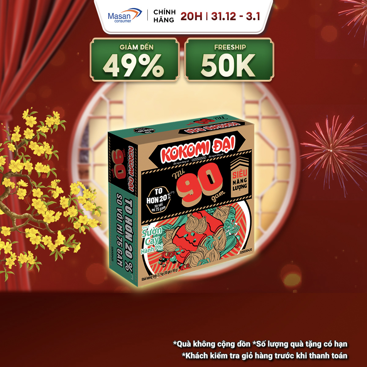   15.12-29.12 Voucher 18% CHO ĐƠN TỪ 199K  Mì Kokomi Đại 90 Sườn Cay Hành Phi - Thùng 30 Gói x 90G 
