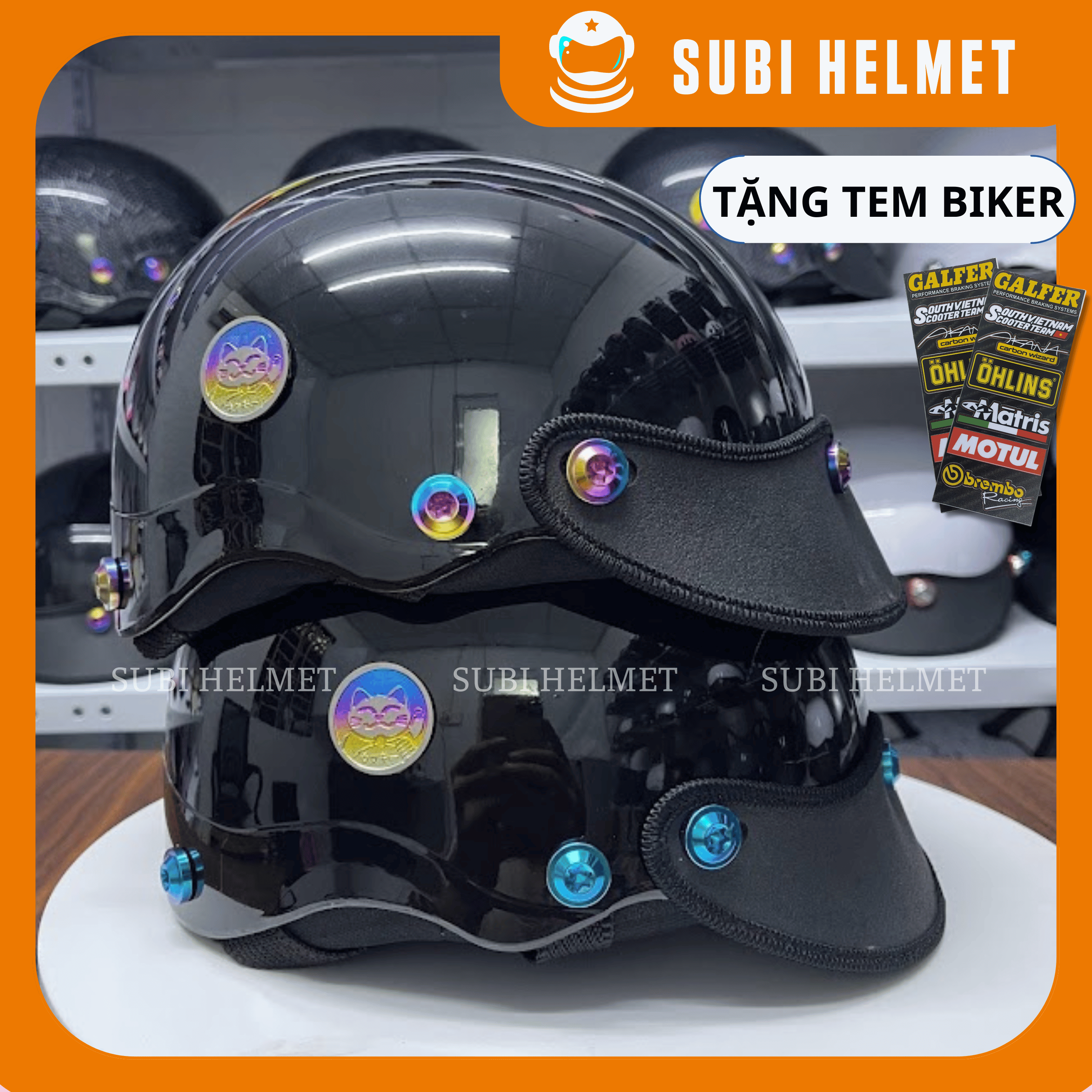 Mũ bảo hiểm gắn ốc titan lục bảo ngũ sắc kèm mèo thần tài TẶNG TEM BIKER , nón bảo hiểm gắn ốc titan salaya long đền